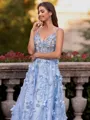 Unique A-line V-Neck Flower Floor-Length Satin Corset Prom Dress