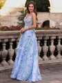 Unique A-line V-Neck Flower Floor-Length Satin Corset Prom Dress