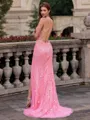 Tasteful Sheath Spaghetti Straps Appliques Lace Sweep Train Tulle Corset Prom Dress