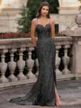 Tasteful Sheath Spaghetti Straps Appliques Lace Sweep Train Tulle Corset Prom Dress