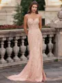 Tasteful Sheath Spaghetti Straps Appliques Lace Sweep Train Tulle Corset Prom Dress