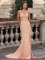 Tasteful Sheath Spaghetti Straps Appliques Lace Sweep Train Tulle Corset Prom Dress