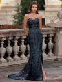 Tasteful Sheath Spaghetti Straps Appliques Lace Sweep Train Tulle Corset Prom Dress
