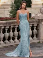 Tasteful Sheath Spaghetti Straps Appliques Lace Sweep Train Tulle Corset Prom Dress