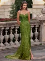 Tasteful Sheath Spaghetti Straps Appliques Lace Sweep Train Tulle Corset Prom Dress