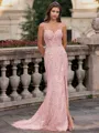 Tasteful Sheath Spaghetti Straps Appliques Lace Sweep Train Tulle Corset Prom Dress