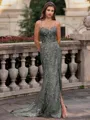 Tasteful Sheath Spaghetti Straps Appliques Lace Sweep Train Tulle Corset Prom Dress