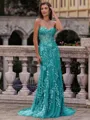 Noble Sheath Sweetheart Appliques Lace Sweep Train Tulle Corset Prom Dress
