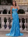 Noble Sheath Sweetheart Appliques Lace Sweep Train Tulle Corset Prom Dress