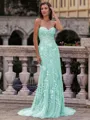 Noble Sheath Sweetheart Appliques Lace Sweep Train Tulle Corset Prom Dress