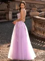 Modest A-line V-Neck Appliques Lace Floor-Length Tulle Corset Prom Dress