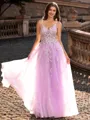 Modest A-line V-Neck Appliques Lace Floor-Length Tulle Corset Prom Dress