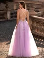 Modest A-line V-Neck Appliques Lace Floor-Length Tulle Corset Prom Dress
