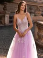 Modest A-line V-Neck Appliques Lace Floor-Length Tulle Corset Prom Dress