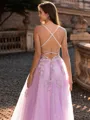 Modest A-line V-Neck Appliques Lace Floor-Length Tulle Corset Prom Dress