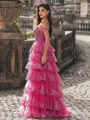 Perfect A-line Off-the-Shoulder Appliques Lace Sweep Train Tulle Corset Prom Dress
