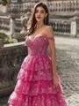 Perfect A-line Off-the-Shoulder Appliques Lace Sweep Train Tulle Corset Prom Dress