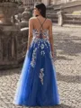 Trendy A-line V-Neck Appliques Lace Floor-Length Tulle Prom Dress
