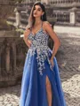 Trendy A-line V-Neck Appliques Lace Floor-Length Tulle Prom Dress