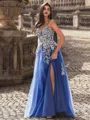 Trendy A-line V-Neck Appliques Lace Floor-Length Tulle Prom Dress