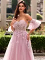 Glam A-line Sweetheart Short Sleeves Appliques Lace Court Train Tulle Corset Convertible Prom Dress