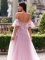 Glam A-line Sweetheart Short Sleeves Appliques Lace Court Train Tulle Corset Convertible Prom Dress