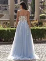 Unique A-line Spaghetti Straps Appliques Lace Sweep Train Tulle Corset Prom Dress