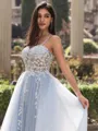 Unique A-line Spaghetti Straps Appliques Lace Sweep Train Tulle Corset Prom Dress