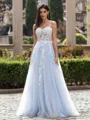 Unique A-line Spaghetti Straps Appliques Lace Sweep Train Tulle Corset Prom Dress