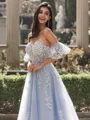 Pretty A-line Sweetheart Short Sleeves Appliques Lace Sweep Train Tulle Corset Prom Dress