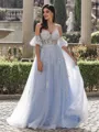 Pretty A-line Sweetheart Short Sleeves Appliques Lace Sweep Train Tulle Corset Prom Dress