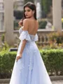 Pretty A-line Sweetheart Short Sleeves Appliques Lace Sweep Train Tulle Corset Prom Dress