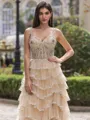 Charming A-line Straps Sequin Sweep Train Tulle Corset Prom Dress