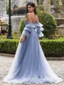 Hot A-line Sweetheart Long Sleeves Appliques Lace Sweep Train Tulle Corset Convertible Prom Dress