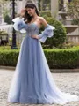 Hot A-line Sweetheart Long Sleeves Appliques Lace Sweep Train Tulle Corset Convertible Prom Dress