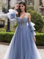 Hot A-line Sweetheart Long Sleeves Appliques Lace Sweep Train Tulle Corset Convertible Prom Dress