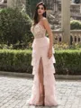 Delicate A-line V-Neck Appliques Lace Sweep Train Tulle Corset Prom Dress