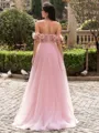 Glamorous A-line Off-the-Shoulder Flower Sweep Train Tulle Corset Prom Dress