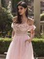 Glamorous A-line Off-the-Shoulder Flower Sweep Train Tulle Corset Prom Dress