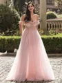 Glamorous A-line Off-the-Shoulder Flower Sweep Train Tulle Corset Prom Dress