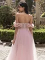 Glamorous A-line Off-the-Shoulder Flower Sweep Train Tulle Corset Prom Dress