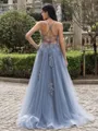 Elegant A-line V-Neck Appliques Lace Sweep Train Tulle Corset Prom Dress