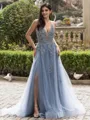 Elegant A-line V-Neck Appliques Lace Sweep Train Tulle Corset Prom Dress