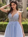 Stunning A-line V-Neck Appliques Lace Floor-Length Tulle Corset Prom Dress