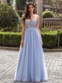 Stunning A-line V-Neck Appliques Lace Floor-Length Tulle Corset Prom Dress