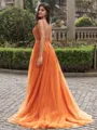 Splendid A-line Cold Shoulder Appliques Lace Court Train Tulle Corset Prom Dress