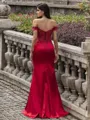 Grand Sheath Off-the-Shoulder Appliques Lace Sweep Train Silk like Satin Corset Prom Dress