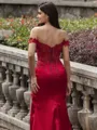 Grand Sheath Off-the-Shoulder Appliques Lace Sweep Train Silk like Satin Corset Prom Dress