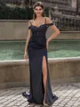 Splendiferous Sheath Cold Shoulder Sequin Court Train Silk like Satin Corset Prom Dress