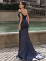 Splendiferous Sheath Cold Shoulder Sequin Court Train Silk like Satin Corset Prom Dress